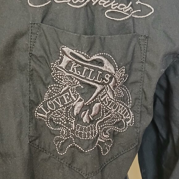 Vintage Christian Audigier Ed Hardy Love Kills Slowly Button Down Shirt Black M - Picture 2 of 8